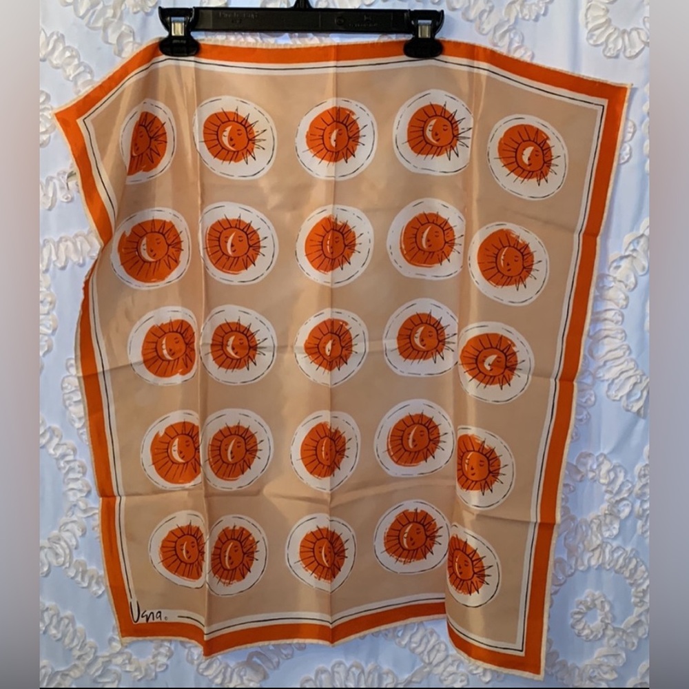 Vera Neumann Vintage Multi Suns Scarf Orange Tan White Black Made in Japan 26x26